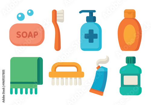 Bathroom essentials flat icons set – hygiene, personal care, toiletries symbols