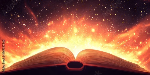 An open book with glowing pages and a fiery sky filled with stars and light particles above it