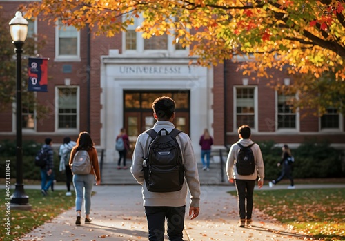 Student Walking Towards University Building on Autumn Day