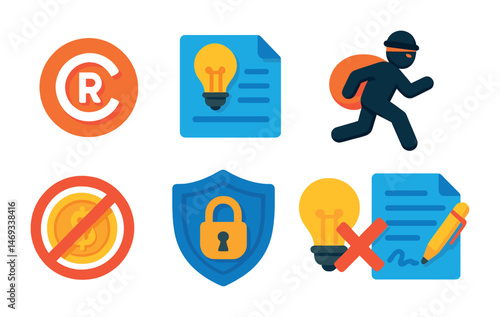 Copyright and security flat icons set – protection, theft, intellectual property symbols