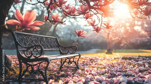 Spring park bench under magnolia blossoms (1)