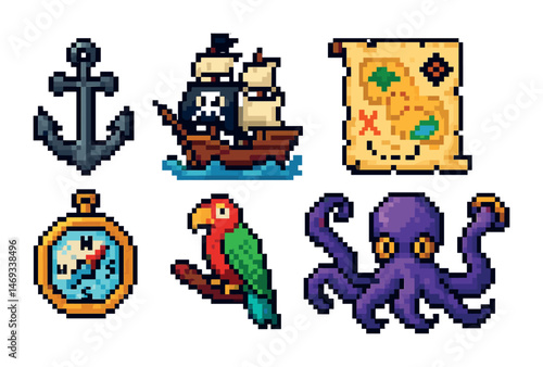 Pirate adventure icons set – pixel art symbols for maritime and treasure hunting