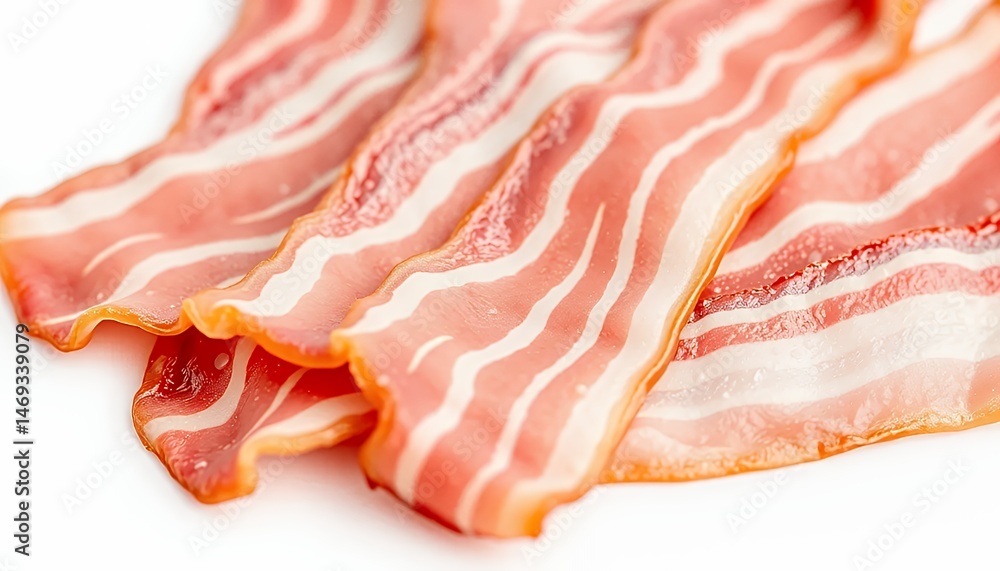Obraz premium Close Up Macro View of Four Raw Bacon Strips Featuring Red and White Streaks on a Clean White Background Perfect for Food and Cooking Illustrations