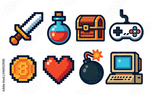 Retro gaming pixel art icons set – 3d, vintage, classic game elements collection