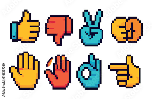 Hand gestures pixel art icons set – retro, 8-bit style, finger symbols