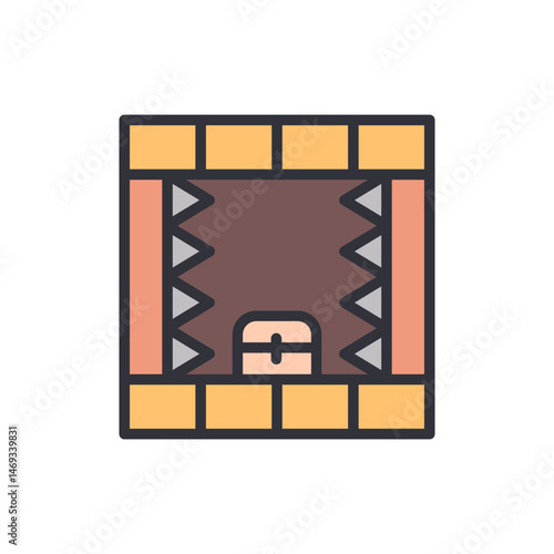 Abstract representation of a dungeon room filled with dangers and a treasure