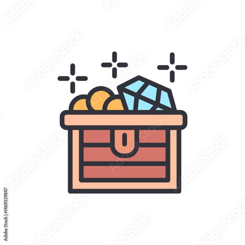 Illustration of a brimming treasure chest with gems and gold coins