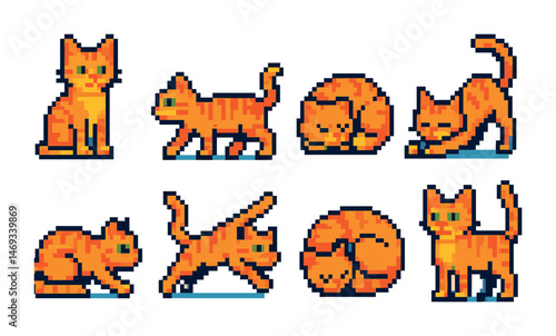Playful pixel art cats in various poses for creative design projects