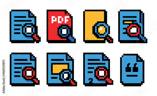 Pixel art icons of document and magnifying glass for digital insights
