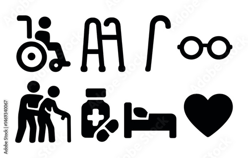 Elder care solid icons set – healthcare, assistance, medical symbols