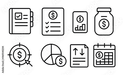 Financial management outline icons set – banking, budgeting, money symbols