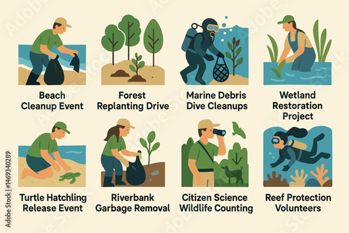 Environmental conservation flat icons set – cleanup, replanting, wildlife protection symbols