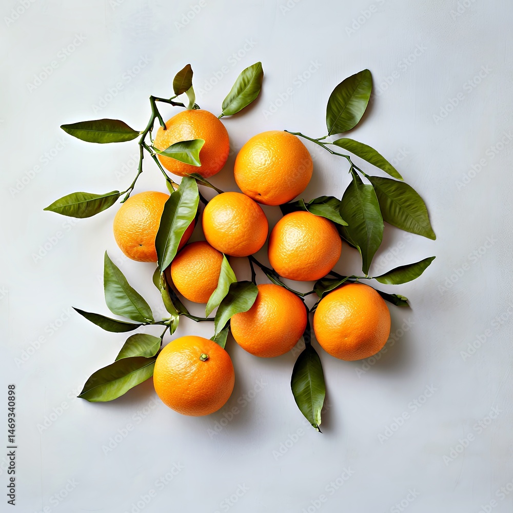 Fresh oranges with green leaves arranged on a light background. Fresh oranges with green leaves arranged on a light background.