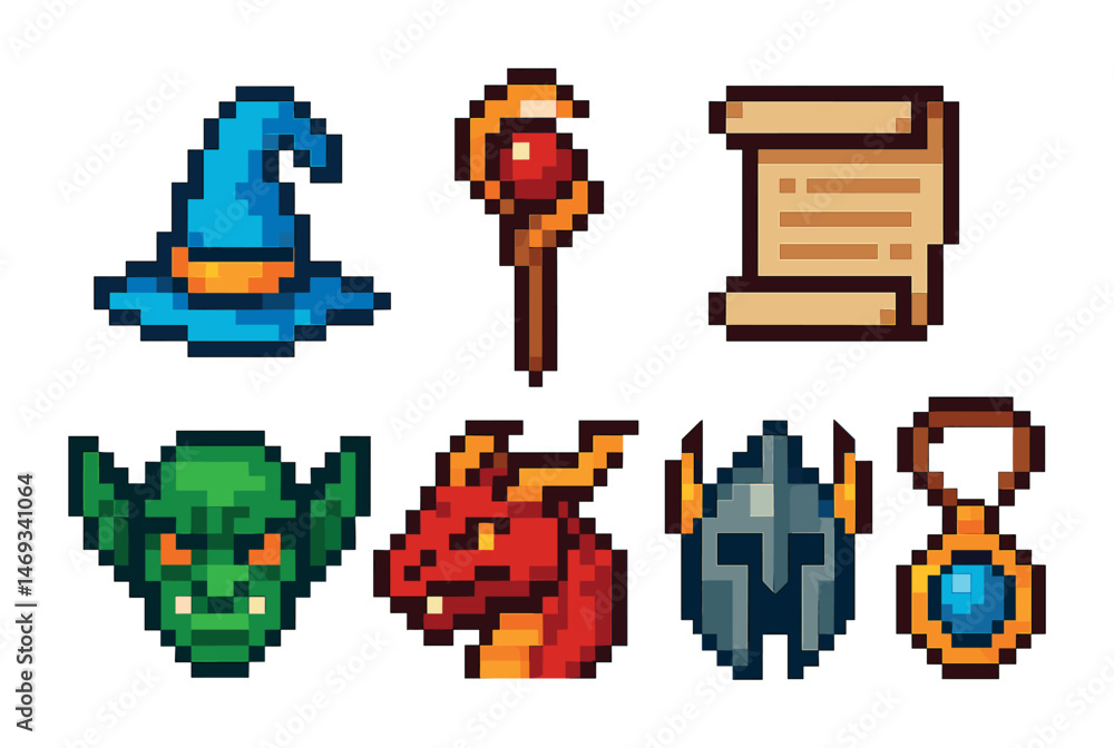 Fototapeta premium Fantasy adventure pixel art icons set – rpg, quest, magical game symbols