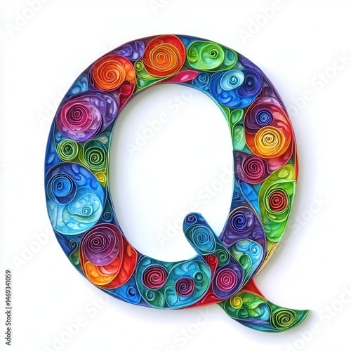 Colorful decorative letter Q made from swirling paper spirals on a white background