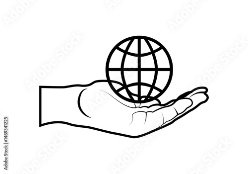 Icono negro de mano sosteniendo icono de planeta