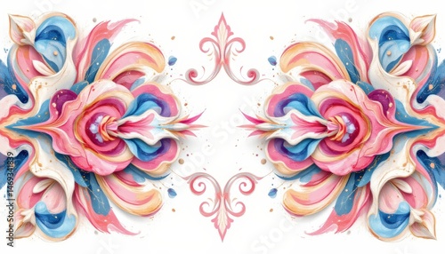Obraz na płótnie Symmetrical Floral Ornament with Watercolor Effect w salonie