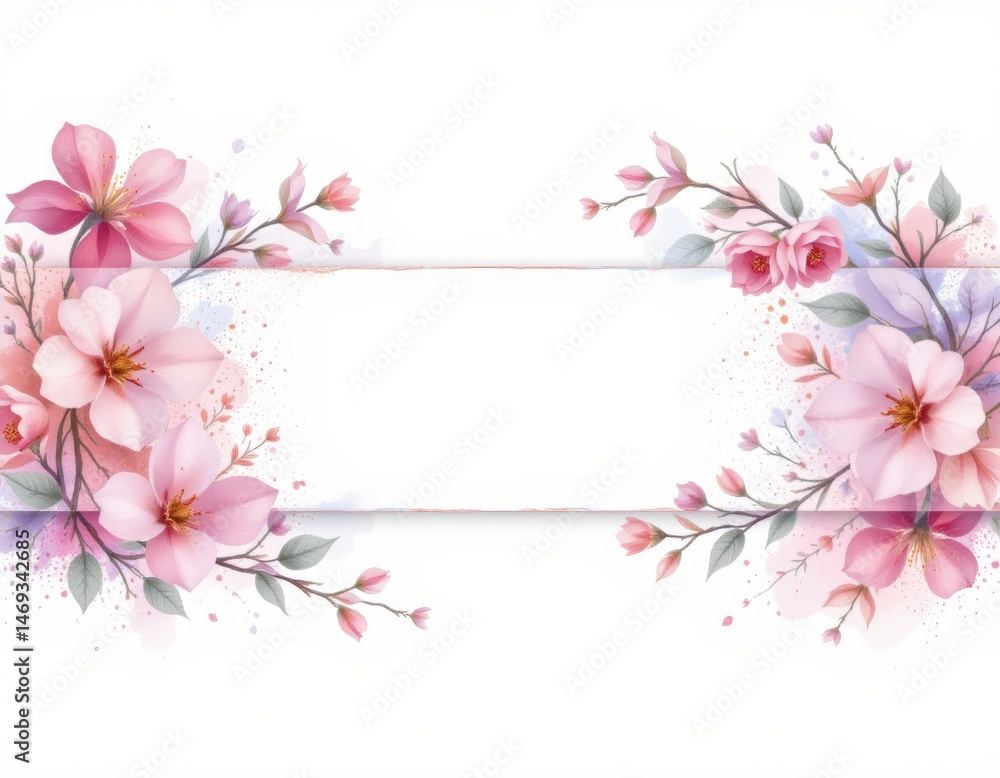 Floral Watercolor Frame with Pink Blossoms