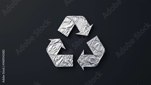 A recycling symbol made from crumpled aluminum foil displayed on a dark background.