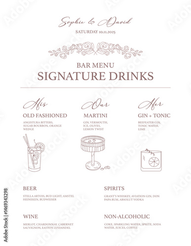 Minimalist hand-drawn wedding signature cocktails sign