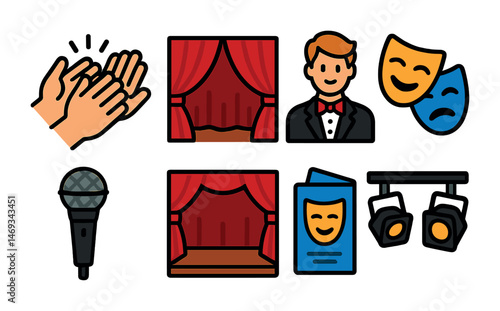 Theater and performance icons set – flat, outline, drama and stage design symbols