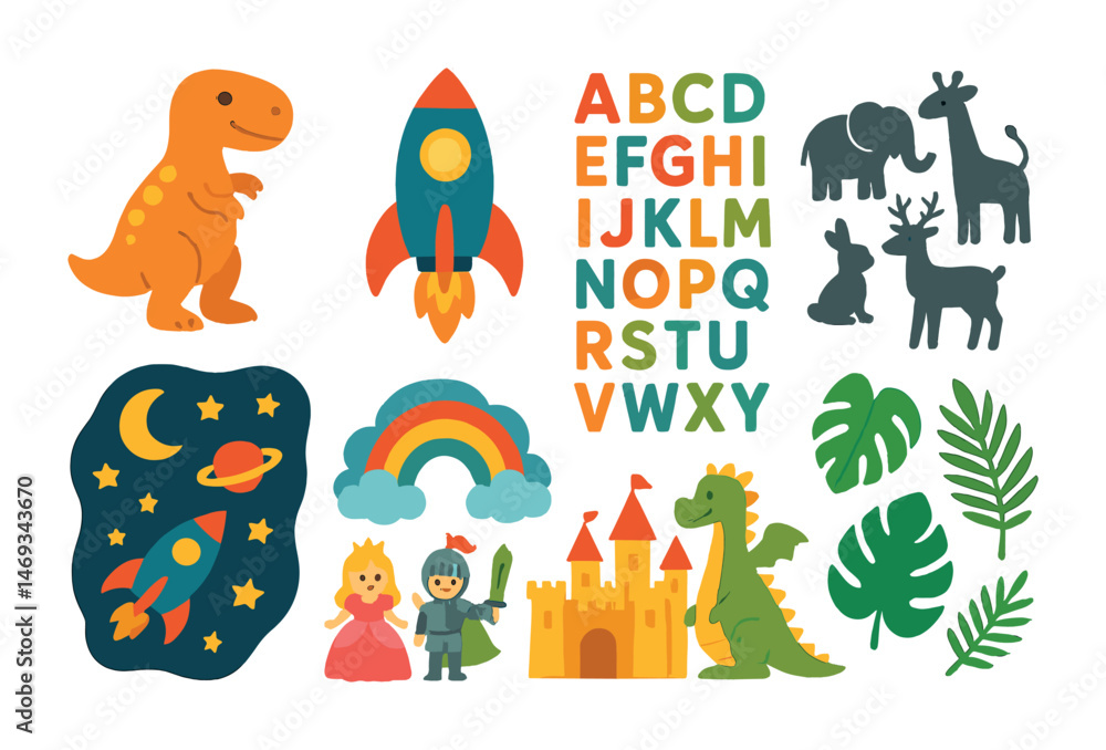 Obraz premium Kids learning flat icons set – alphabet, fun, educational symbols for children