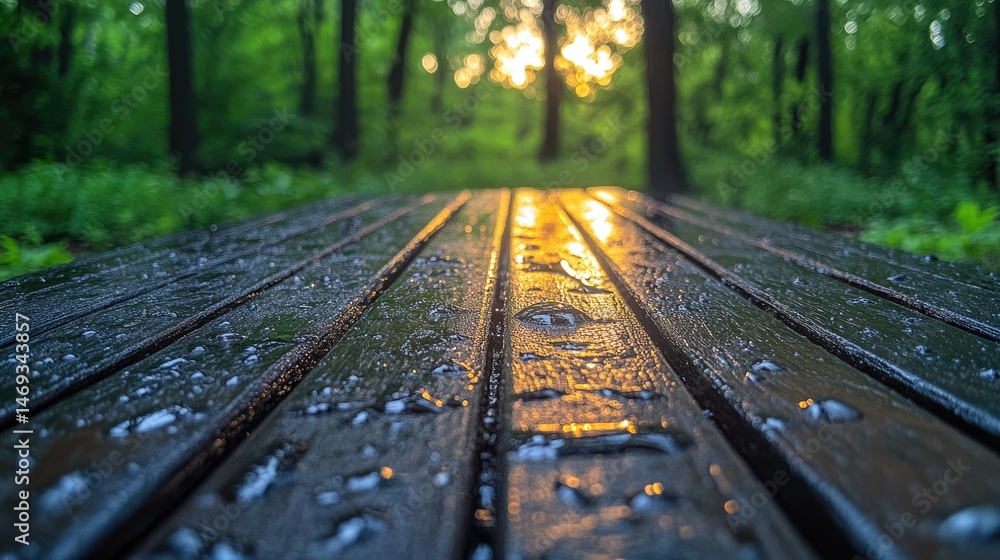 Wooden table in a forest at sunset with water droplets. Wooden table in a forest at sunset with water droplets.