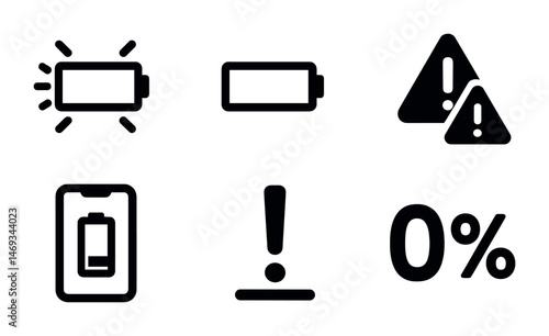 Low battery alert icons set – solid, silhouette, energy saving symbols
