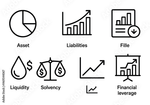 Finance icons set highlighting assets, liabilities, and solvency concepts