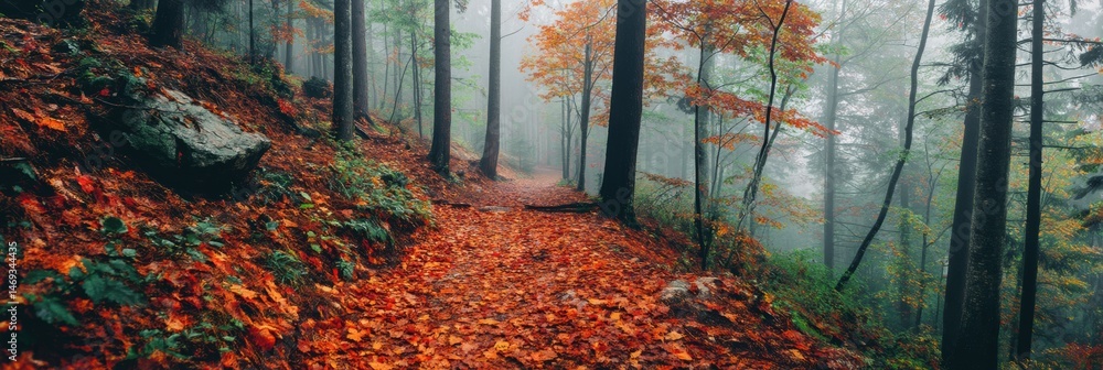 Misty Forest Trail With Vibrant Orange and Red Leaves Under a Foggy Sky in Autumn Generative AI