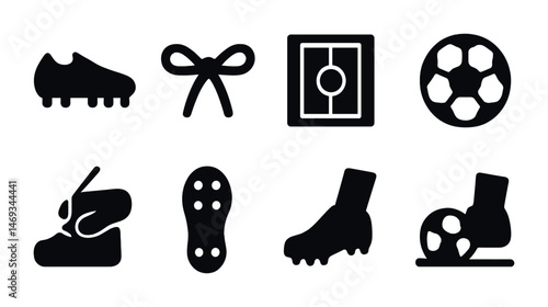 Football and soccer silhouette icons set – solid, filled, sports symbols and gear