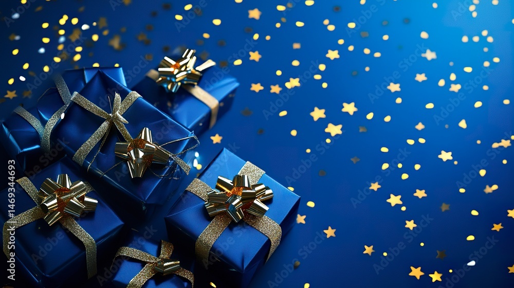 A cluster of blue presents with shiny golden bows on a glowing star-dotted blue backdrop. Gentle lighting, overhead angle, sleek holiday design. A cluster of blue presents with shiny golden bows on a glowing star-dotted blue backdrop. Gentle lighting, overhead angle, sleek holiday design.