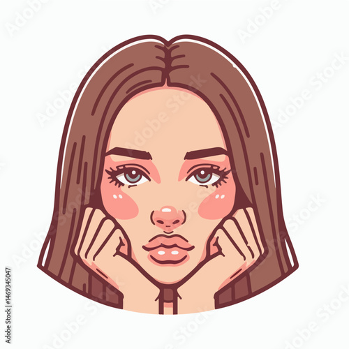 Serene contemplation: A digital illustration of a beautiful woman with her head resting on her hands, capturing a moment of thoughtful introspection and quiet observation.