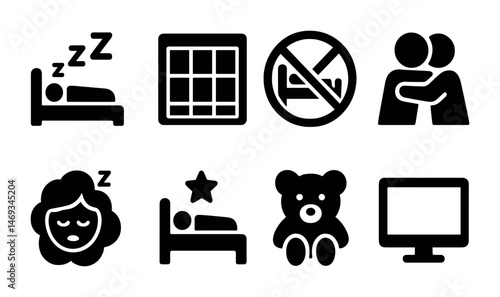 Sleep and rest icons set – silhouette, bedtime, relaxation symbols for health