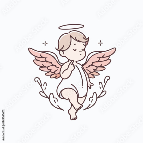 Heavenly Guardian: An endearing illustration of a cherubic angel, serene in its pose, surrounded by delicate foliage and a radiant halo. Capturing a sense of innocence and divine protection.