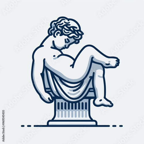 Sculptural Solitude: A minimalist illustration captures the contemplative essence of a classical sculpture, gracefully seated atop a column, evoking a sense of serenity and antiquity.