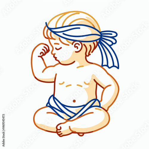 Baby Cupid's Contemplation: A charming illustration of a cherubic baby cupid, lost in serene contemplation, his eyes gently closed as he sits in a moment of peaceful thought.