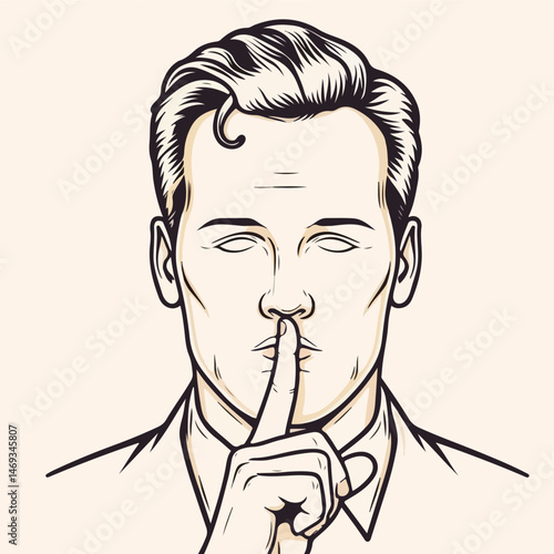 A hush for Thoughtful: A captivating black and white illustration of a person, with a finger pressed to their lips, urging silence or contemplation. This image evokes mystery, focus.