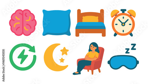 Sleep and rest flat icons set – relaxing, bedtime, night routine symbols
