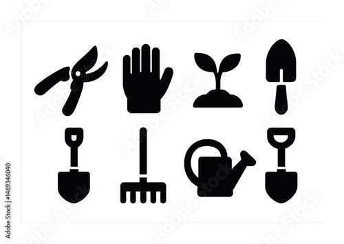 Gardening solid icons set – silhouette, tools and planting symbols