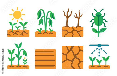 Agriculture and farming flat icons set – outline, crop, plant growth symbols