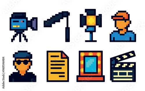 Movie production pixel art icons set – filled, filmmaking, media