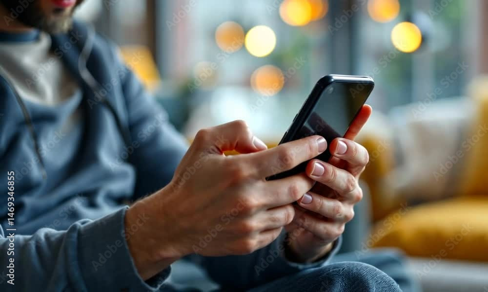 Man Using Smartphone Indoors Closeup Shot Man Using Smartphone Indoors Closeup Shot