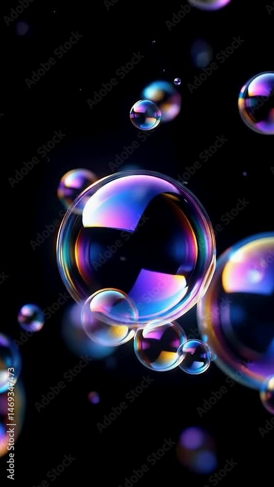 An abstract arrangement of iridescent soap bubbles with shimmering surfaces capturing vibrant colors against a deep black background. An abstract arrangement of iridescent soap bubbles with shimmering surfaces capturing vibrant colors against a deep black background.