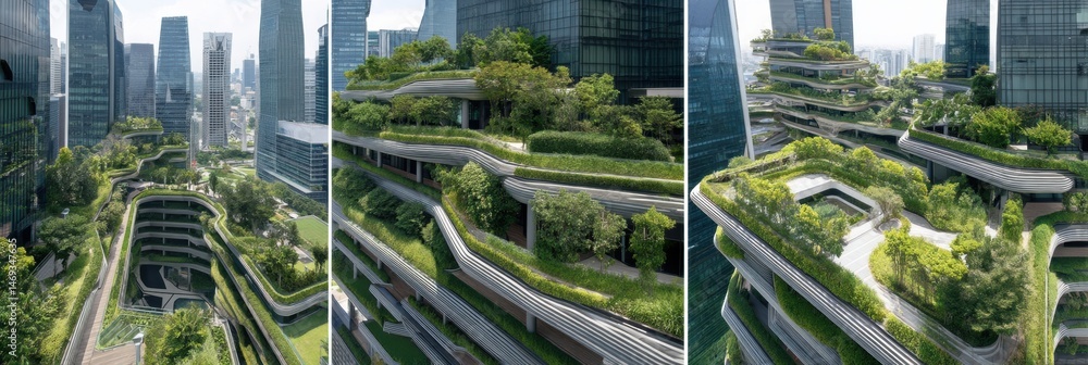 Futuristic Skyscrapers Adorned With Green Rooftop Gardens in an Urban Landscape Generative AI