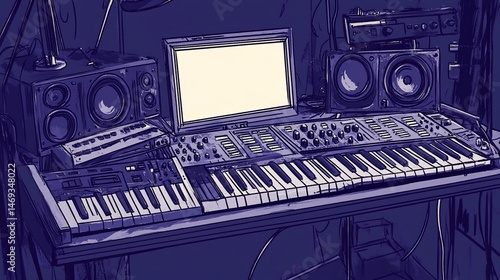 Stylized illustration capturing a music production setup with synthesizers