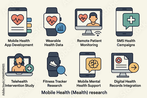 Mobile health icons set – flat, digital healthcare and wellness symbols