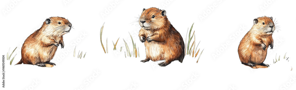 Fototapeta premium Three Cute Water Voles Standing On Logs In A Pond The Voles Are Brown And Furry And Their Paws Are Visible The Logs Are In The Water And There Are Reeds Growing Around Them One Vole Is Sitting On The