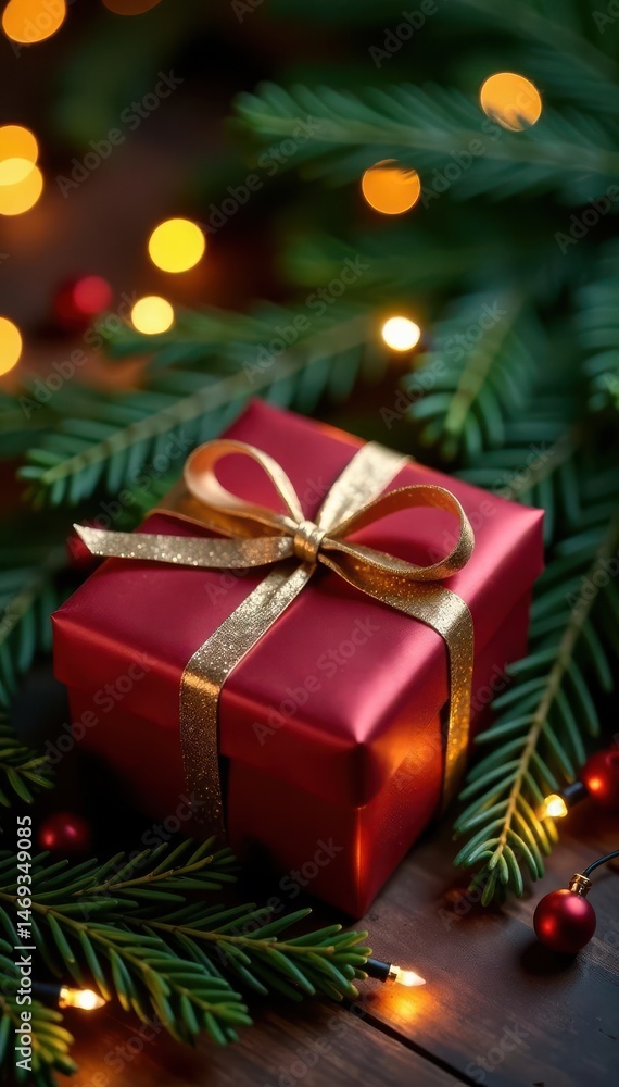 Luxury Christmas presents with fir branches, golden wrapping, twinkling lights , presents, lights, winter Luxury Christmas presents with fir branches, golden wrapping, twinkling lights , presents, lights, winter