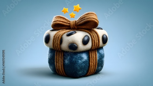 Gift box with ribbon, sparkling stars above, soft shadows and isolated light surface. 